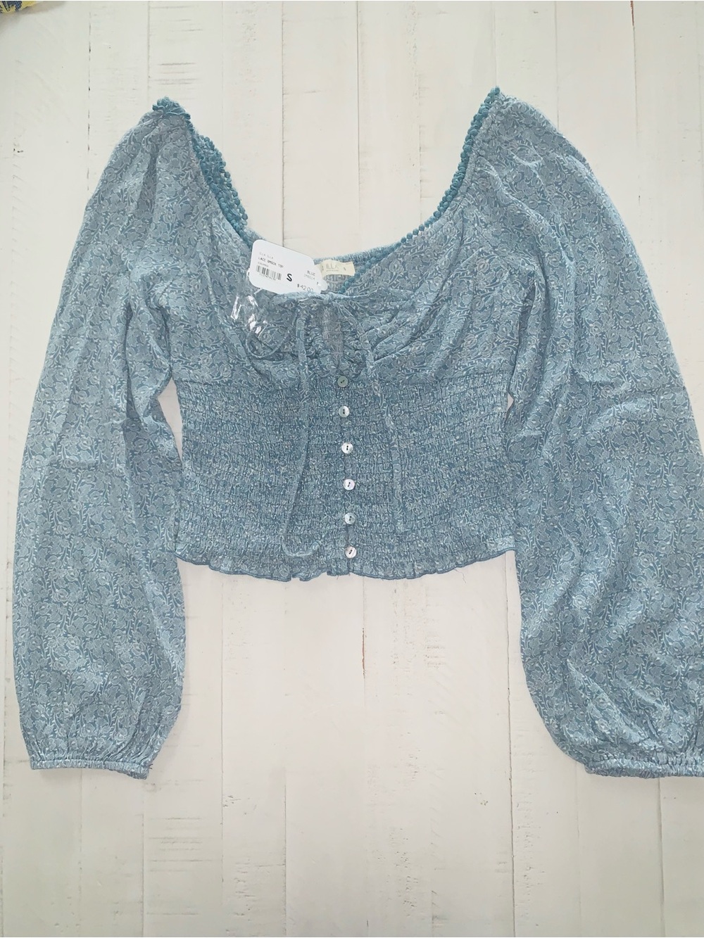 ILLA ILLA Light Blue Floral Smocked Button Crop Top